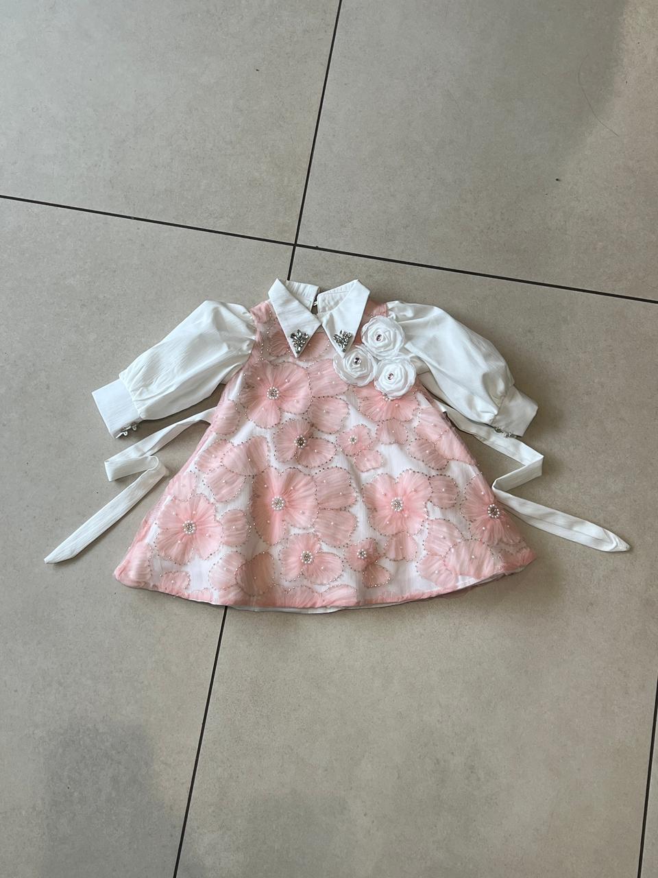 Pink Floral Beaded Skirt Set with White Jewelled Collar Shirt
