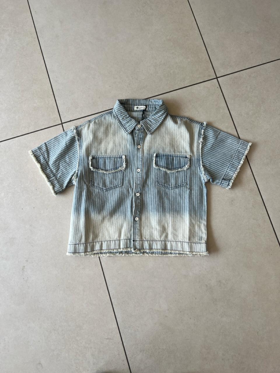 Washed Denim Stripe Shirt with Frayed Hem Detail