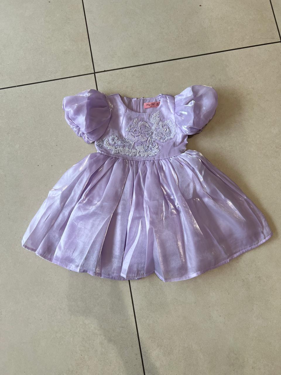 Lilac Shimmer Satin Puff Sleeve Dress with Embroidered Bodice