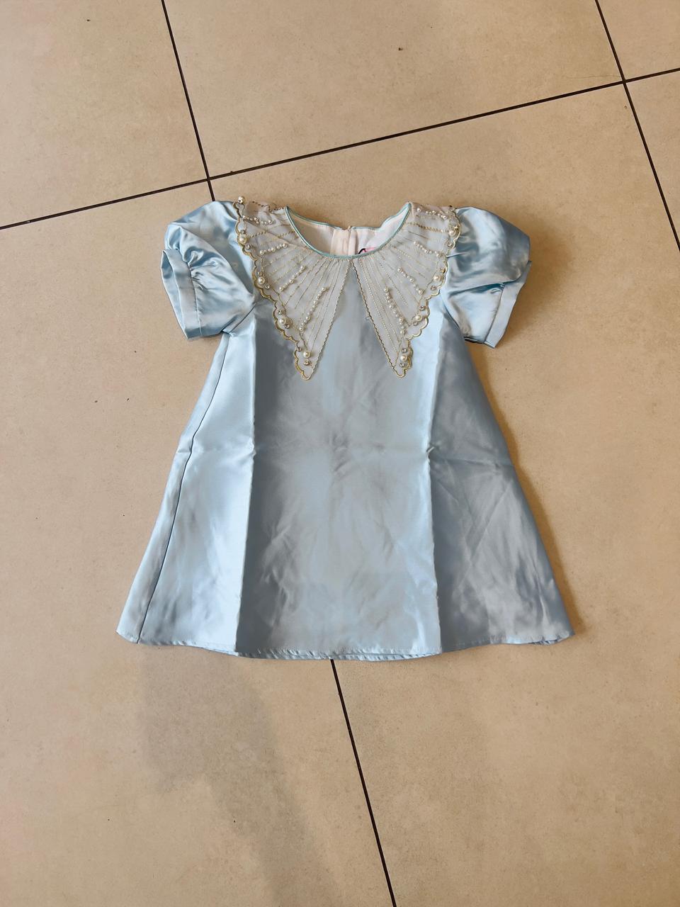 Girls Sky Blue Satin Pearl & Diamond Collar Party Dress