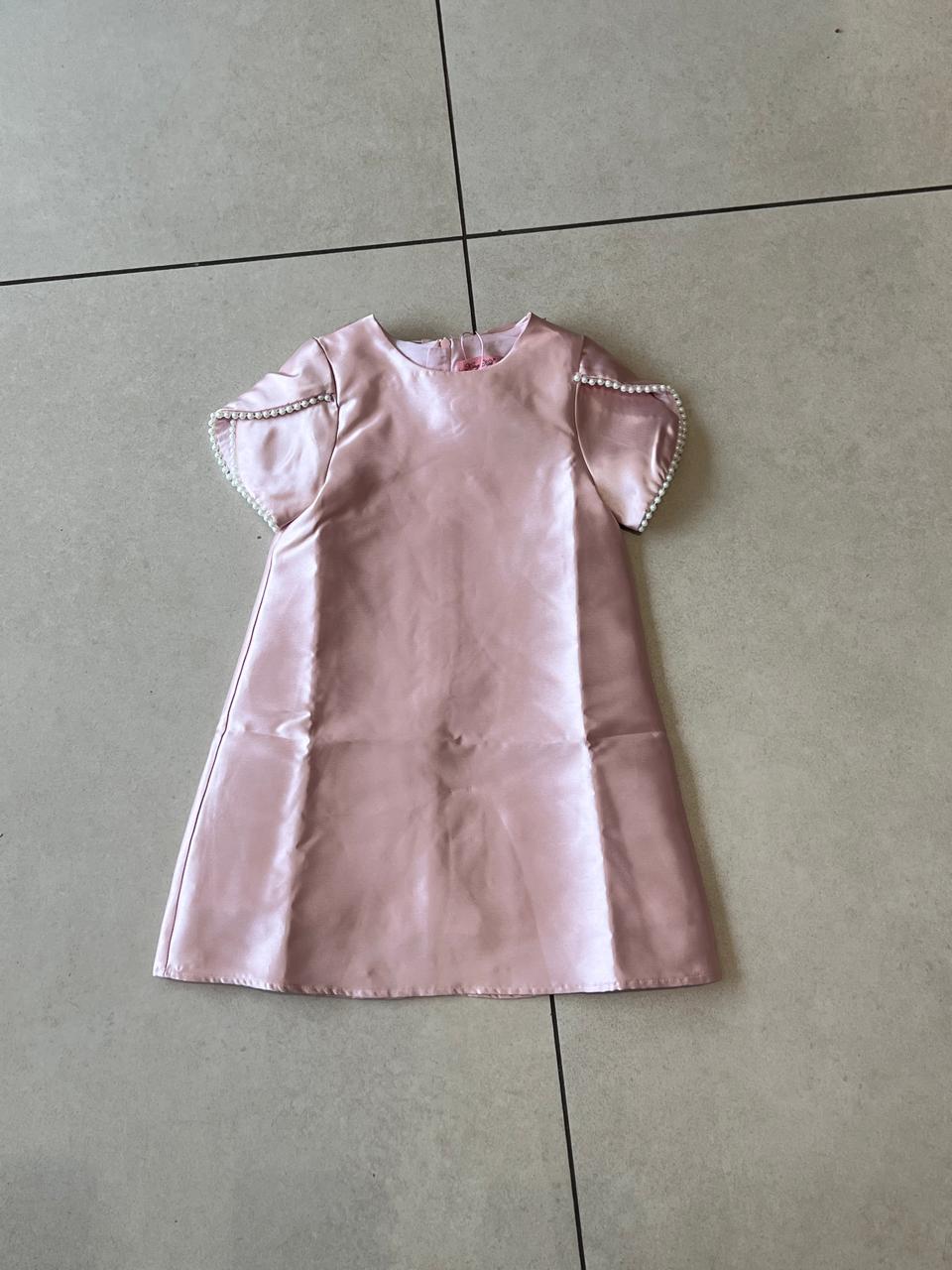Pink Satin Dress with Oversized Bow & Pearl Sleeve Trim
