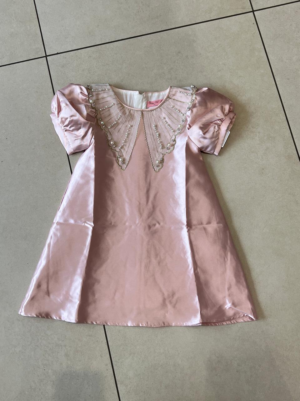 Pink Satin Pearl & Rhinestone Collar Party Dress