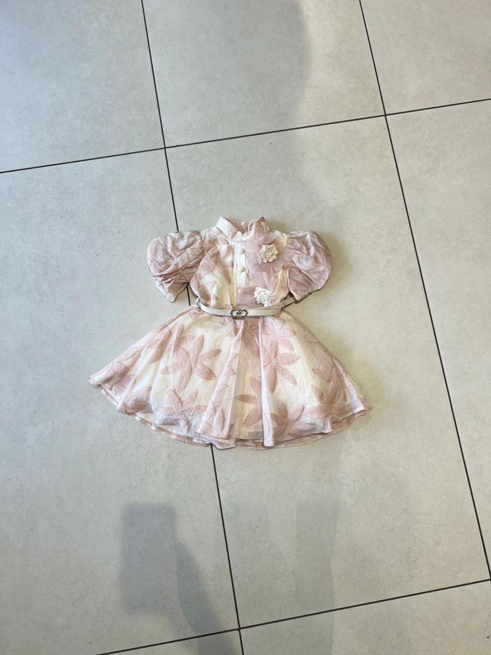 Pink Floral Jacquard Puff Sleeve Party Dress with Belt