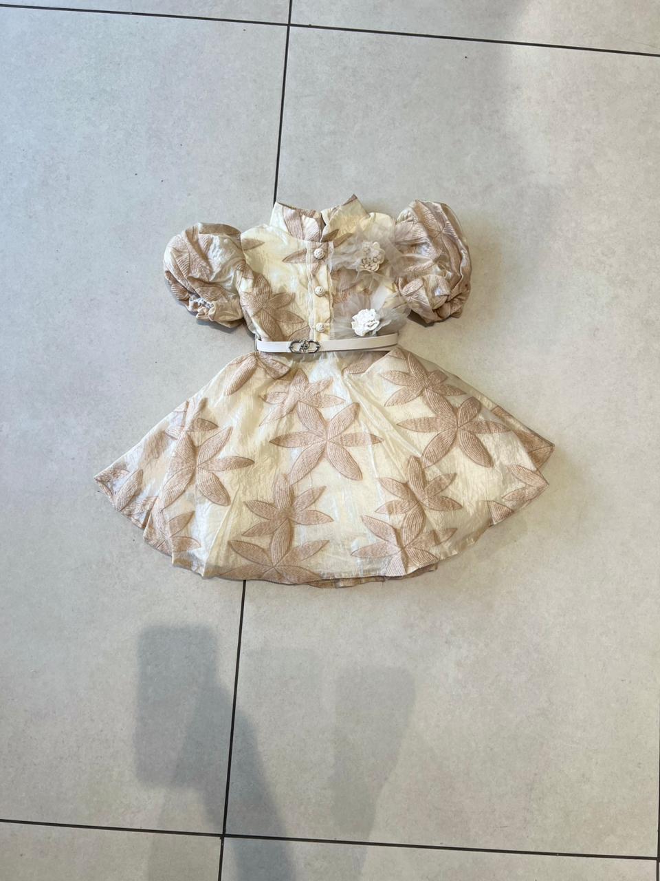 Beige Leaf Jacquard Puff Sleeve Dress with Belt