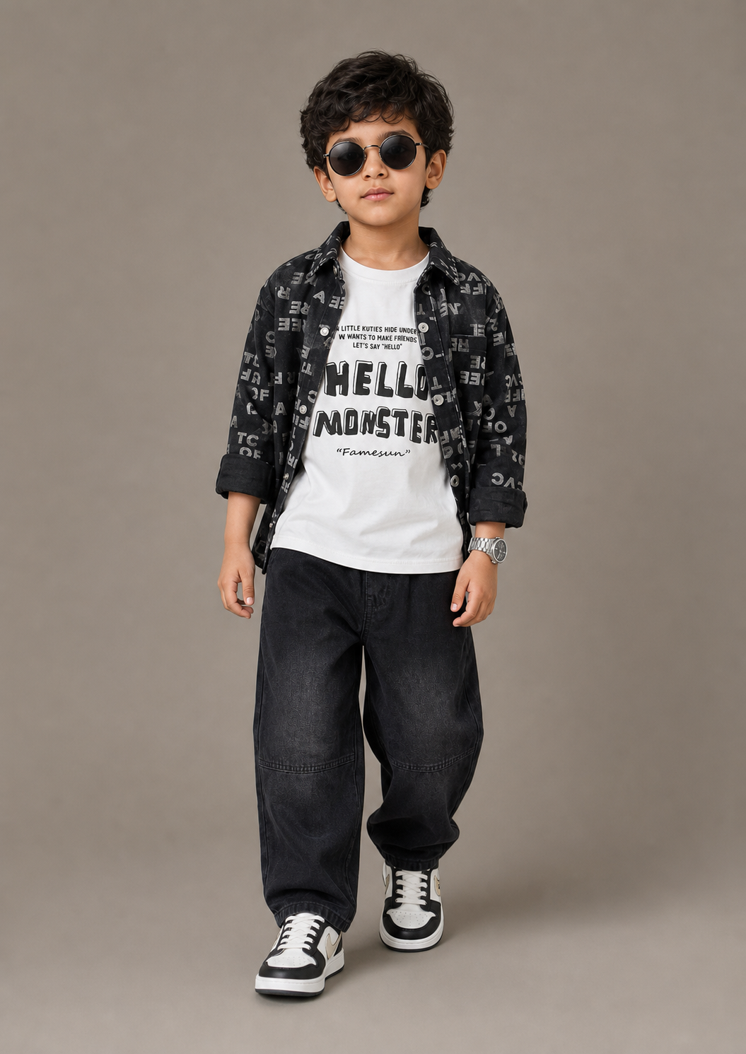 Black denim three piece coordinated boys outfit with sunglasses