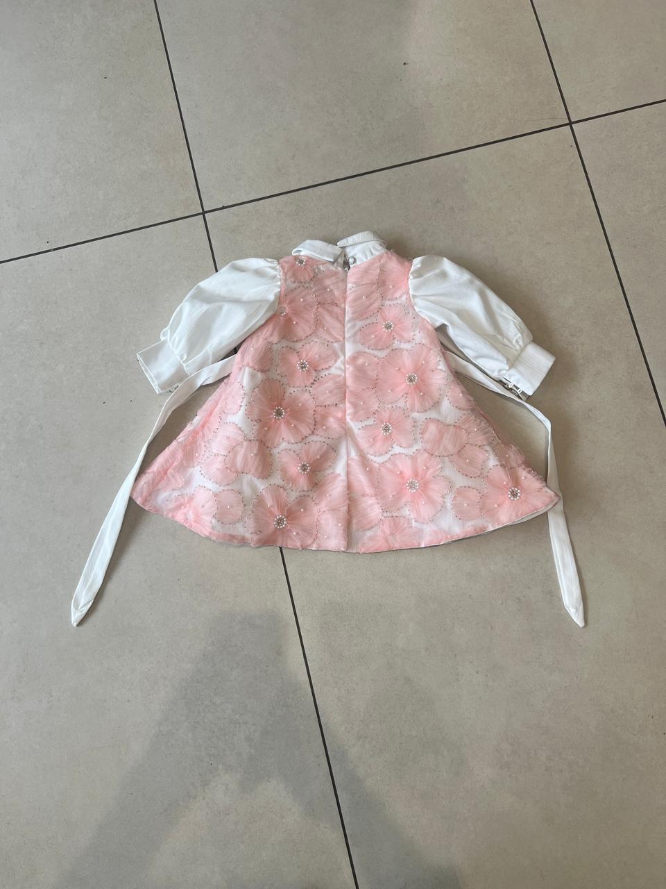 Pink Floral Beaded Skirt Set with White Jewelled Collar Shirt