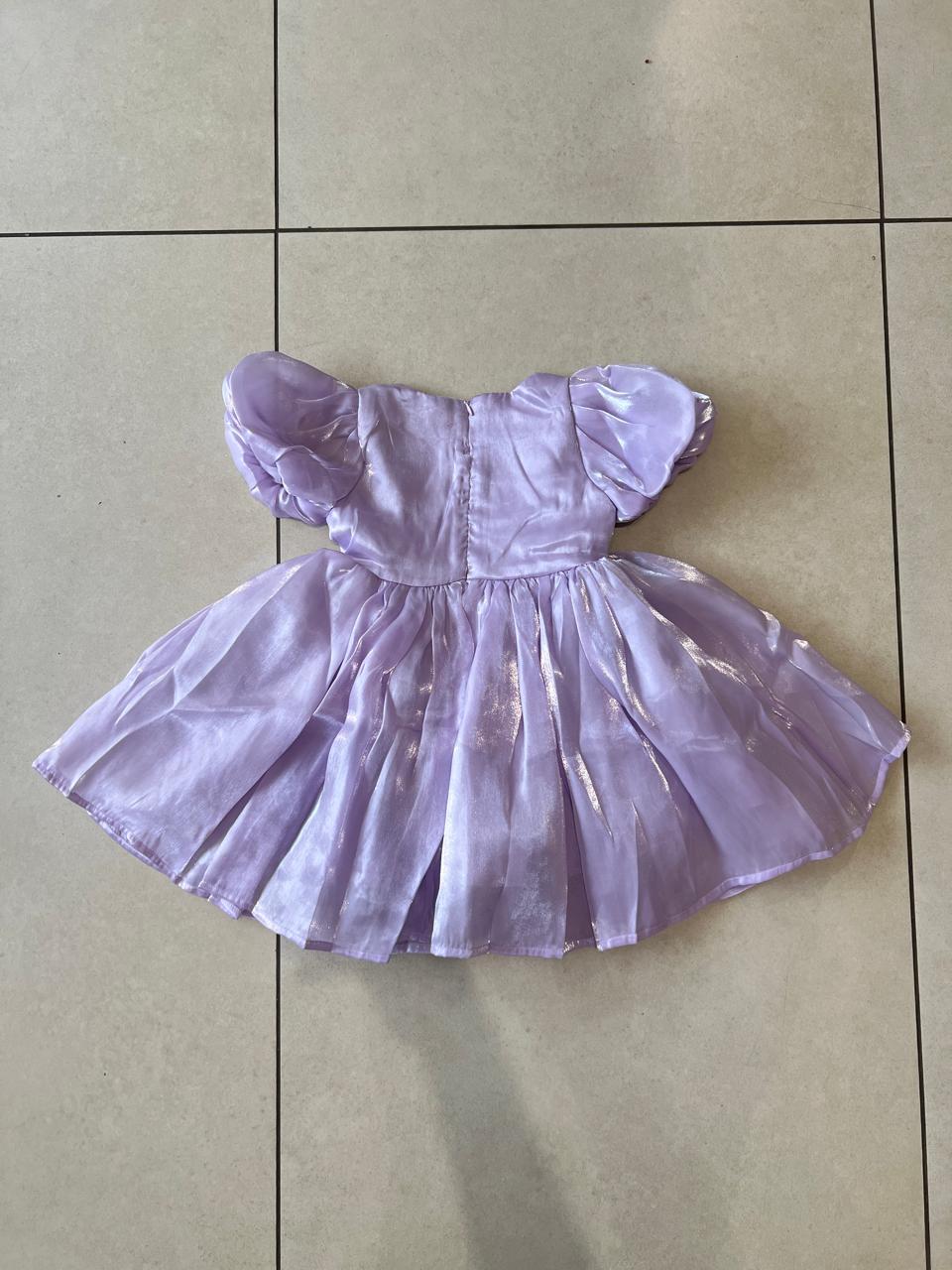 Lilac Shimmer Satin Puff Sleeve Dress with Embroidered Bodice