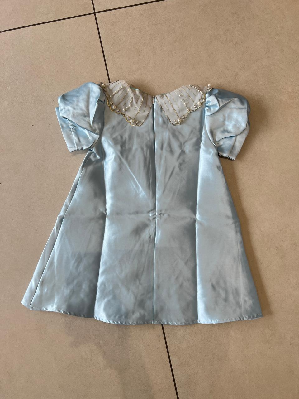 Girls Sky Blue Satin Pearl & Diamond Collar Party Dress