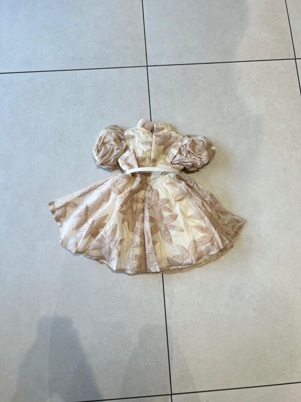 Beige Leaf Jacquard Puff Sleeve Dress with Belt