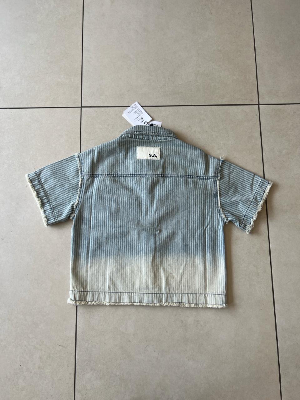 Washed Denim Stripe Shirt with Frayed Hem Detail