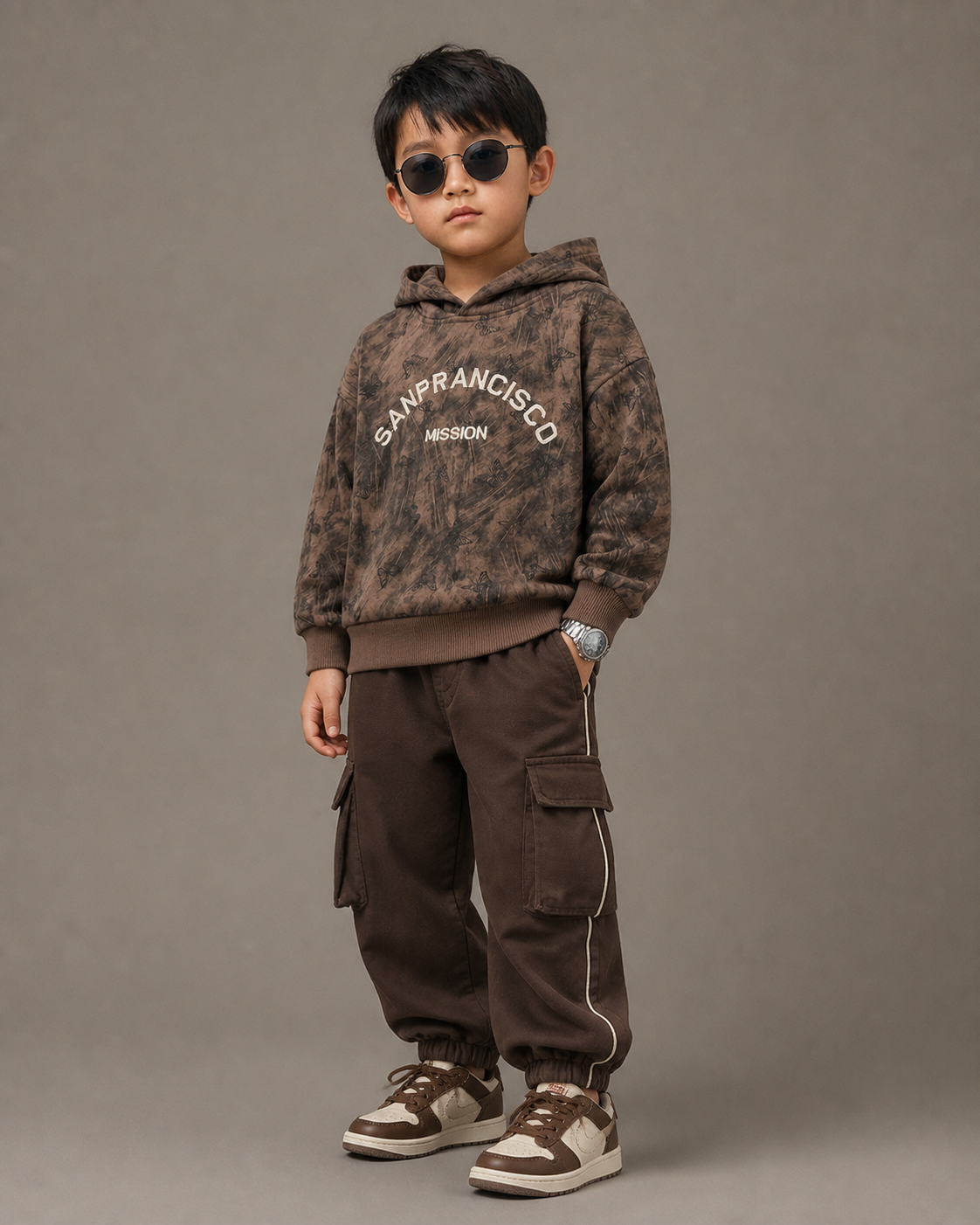 Brown tie dye hoodie tonal cargo boys outfit with sunglasses