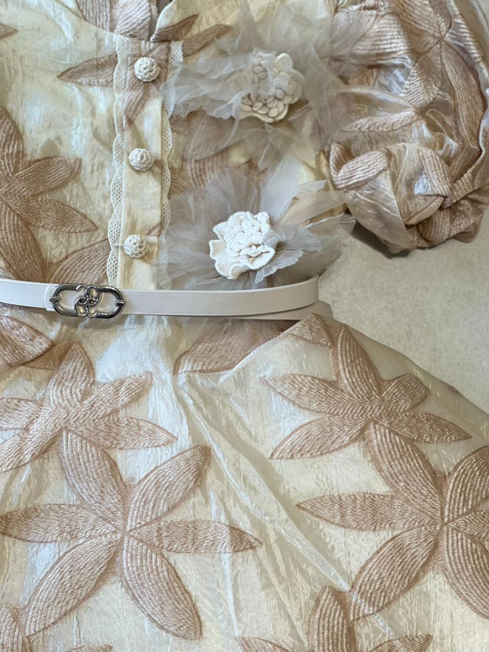 Beige Leaf Jacquard Puff Sleeve Dress with Belt