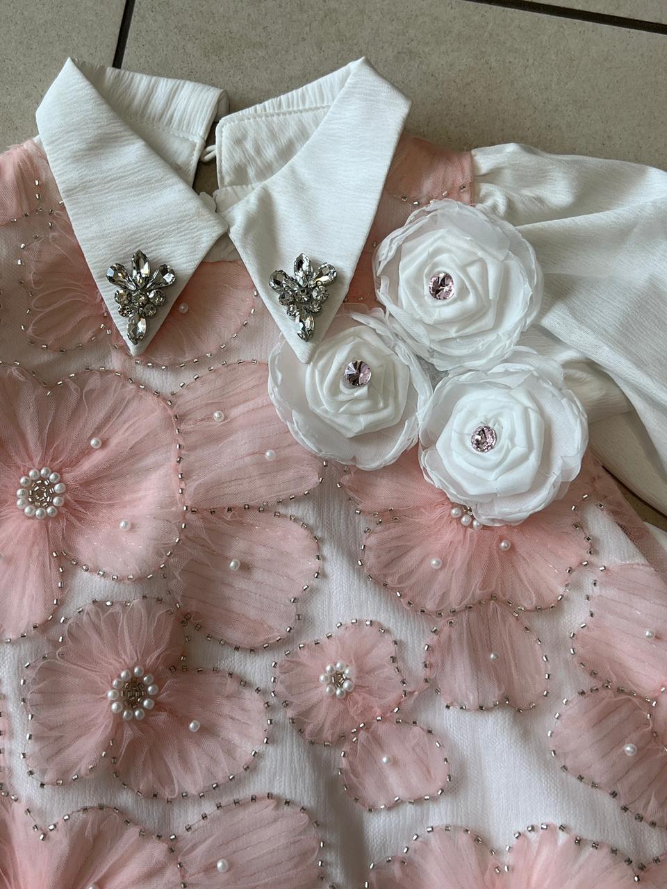 Pink Floral Beaded Skirt Set with White Jewelled Collar Shirt