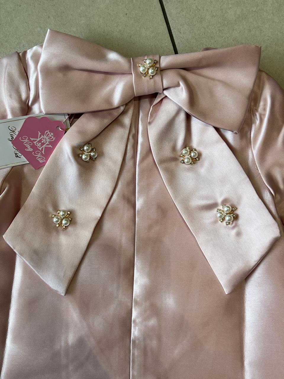 Pink Satin Dress with Oversized Bow & Pearl Sleeve Trim