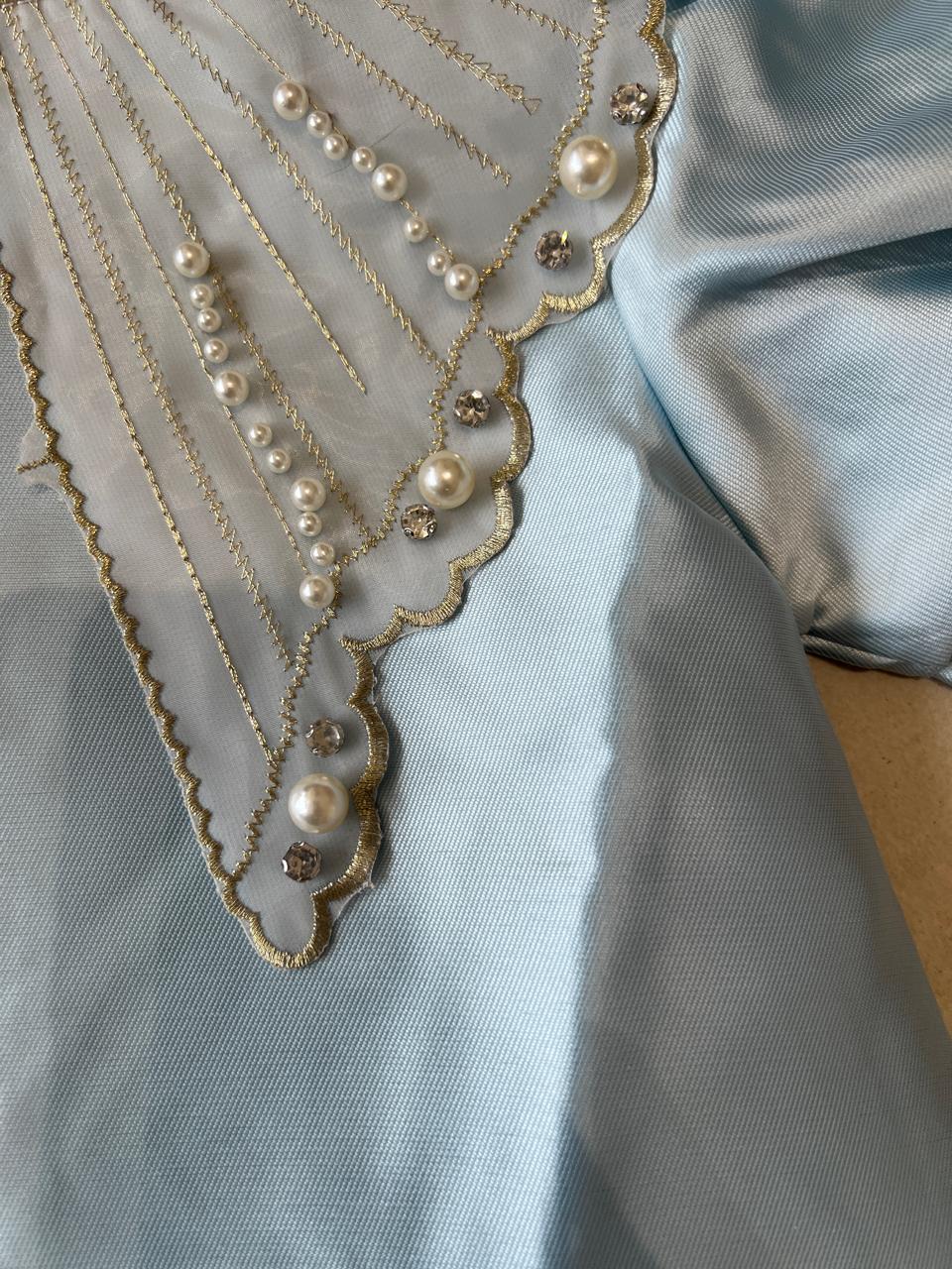 Girls Sky Blue Satin Pearl & Diamond Collar Party Dress