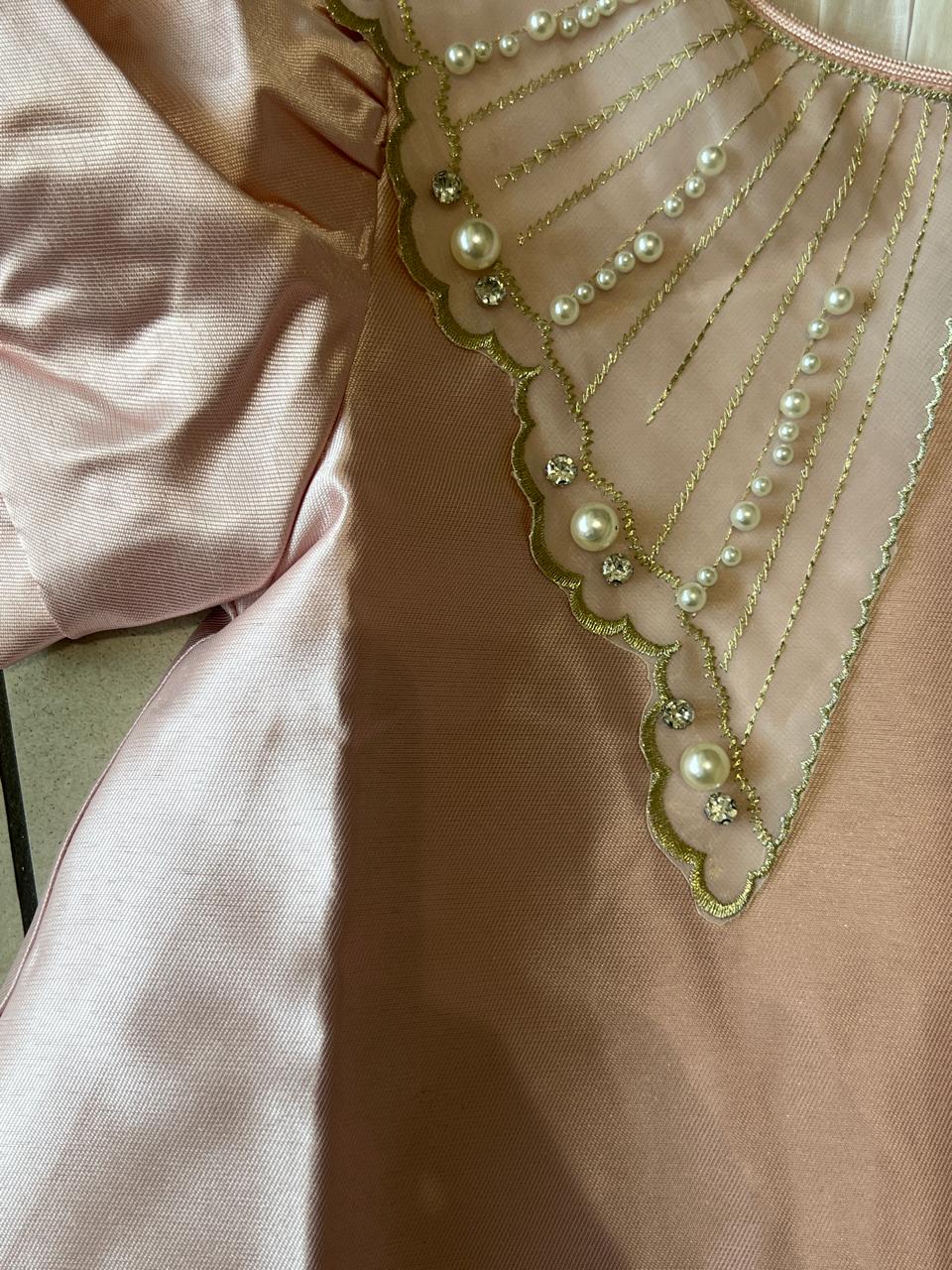 Pink Satin Pearl & Rhinestone Collar Party Dress