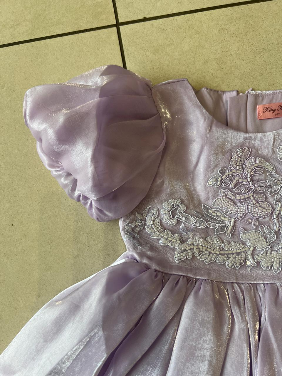 Lilac Shimmer Satin Puff Sleeve Dress with Embroidered Bodice