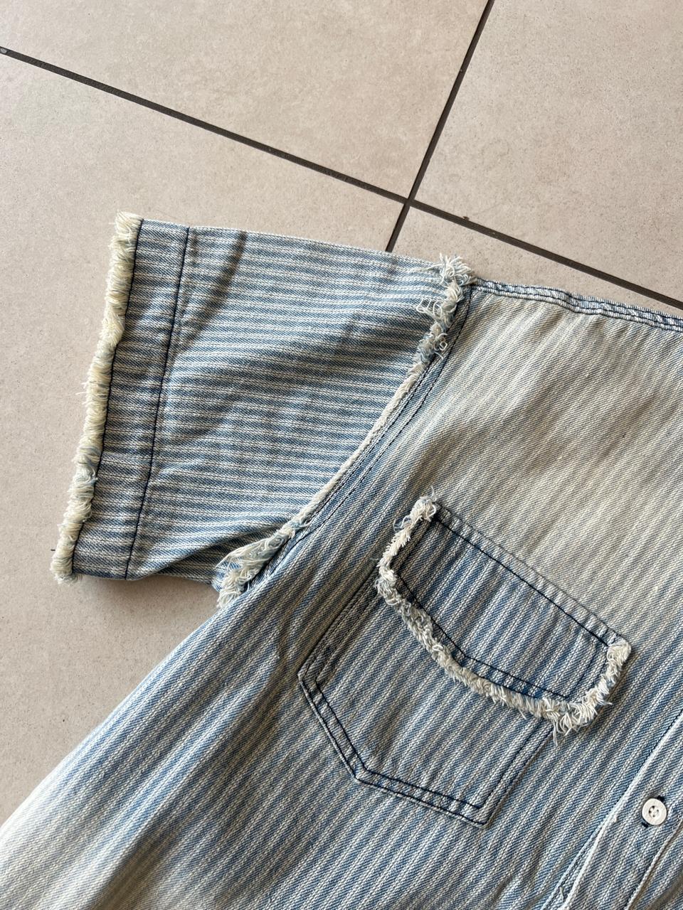 Washed Denim Stripe Shirt with Frayed Hem Detail