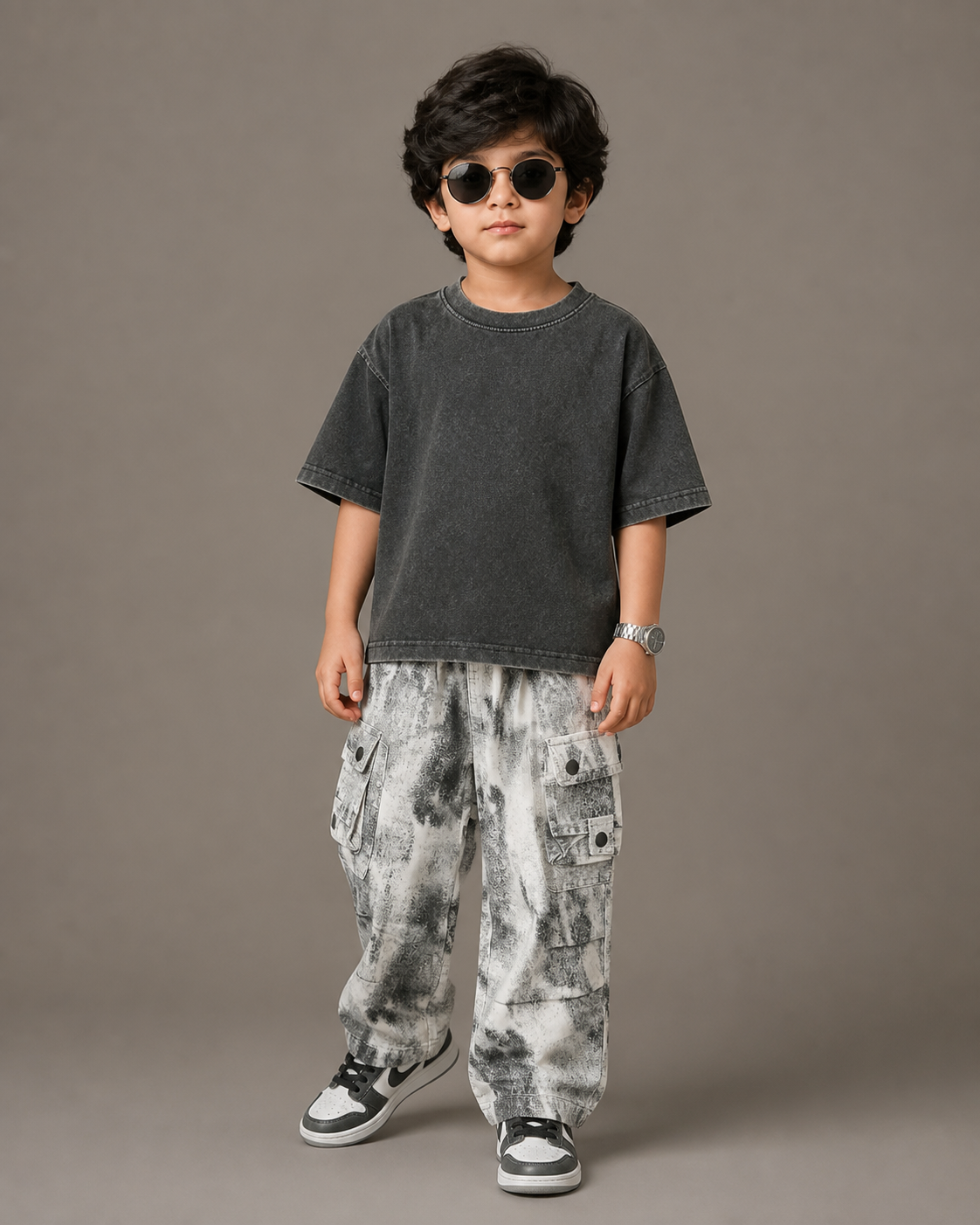 Grey acid wash cargo pants coordinated boys outfit with sunglasses