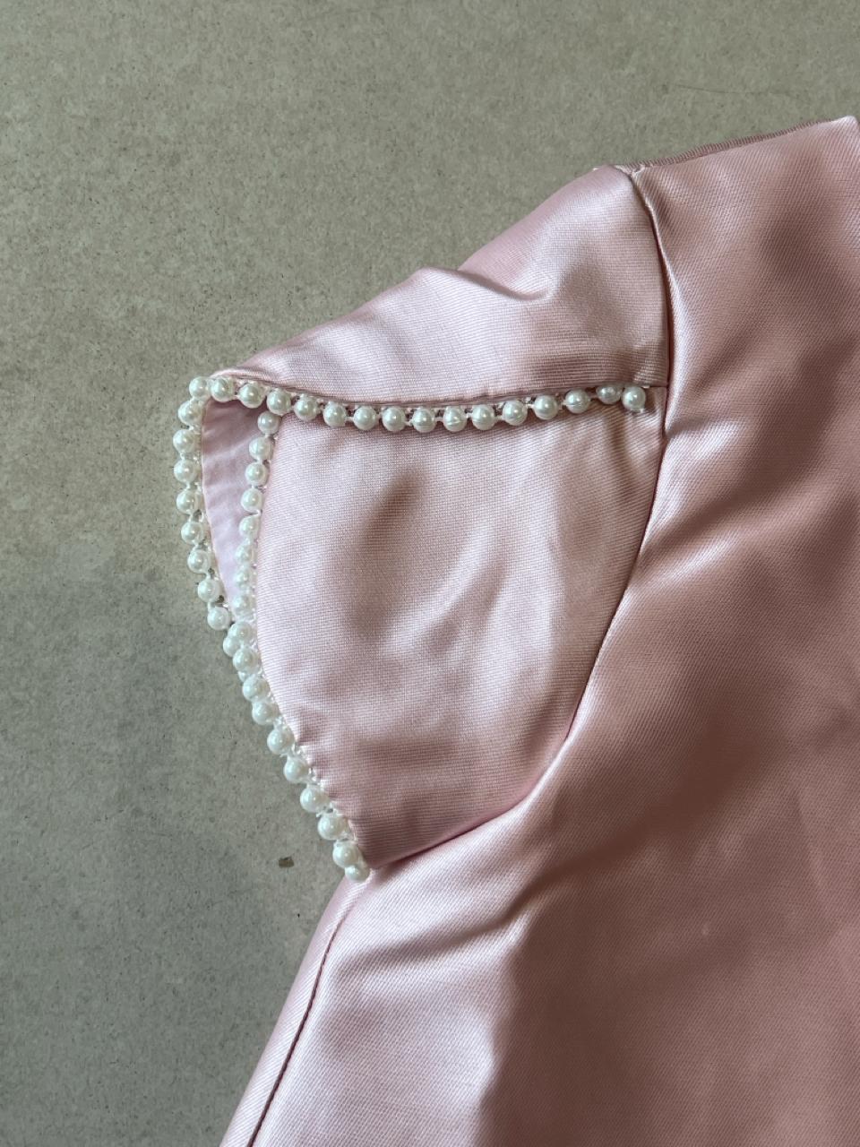 Pink Satin Dress with Oversized Bow & Pearl Sleeve Trim