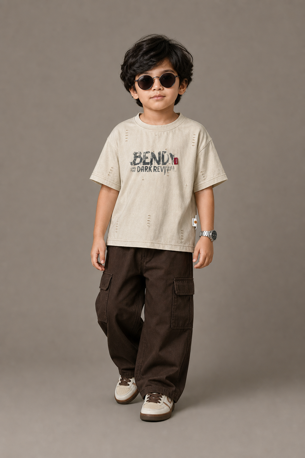 Cream distressed tee chocolate cargo boys outfit with sunglasses