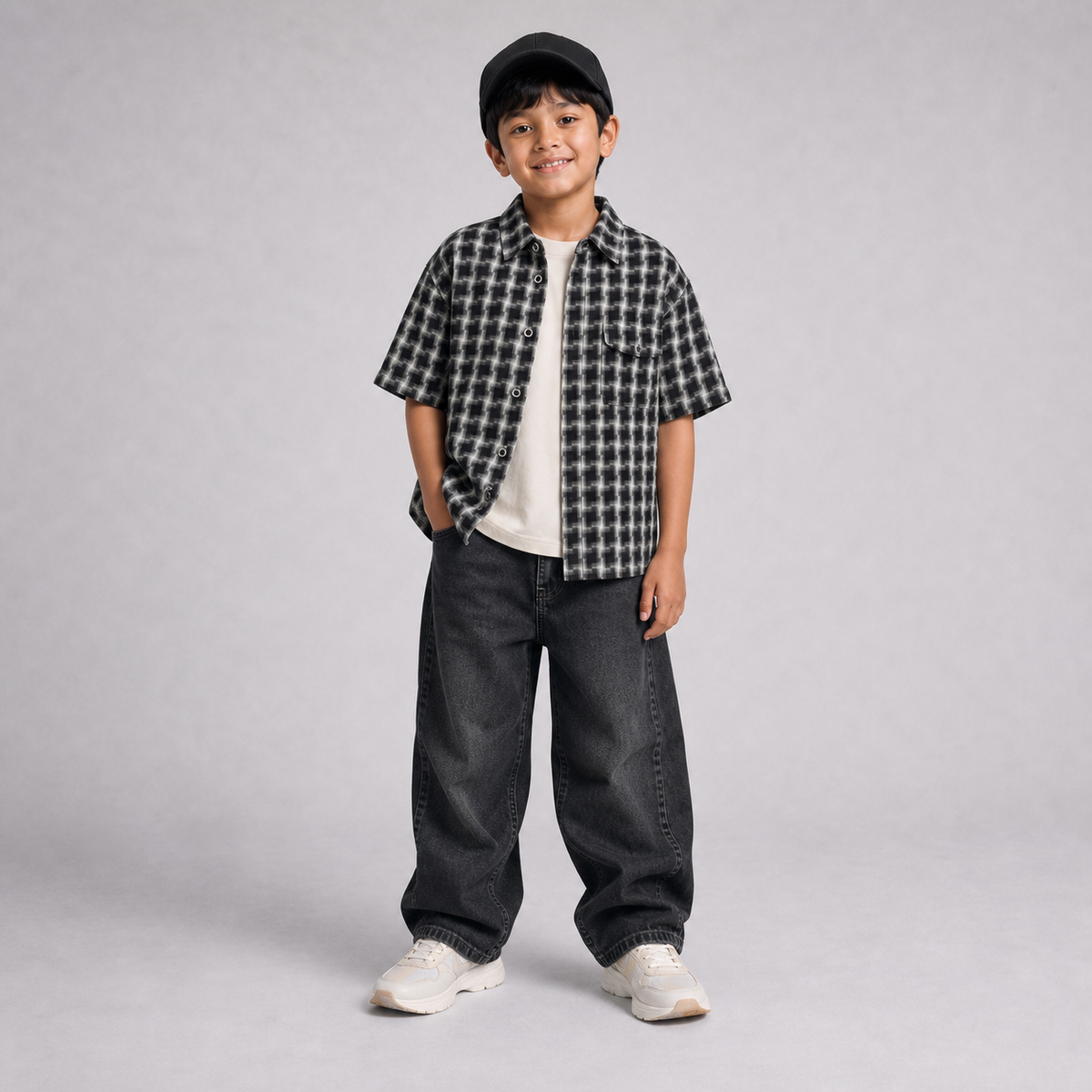 Monochrome plaid shirt complete Gen Z outfit for boys