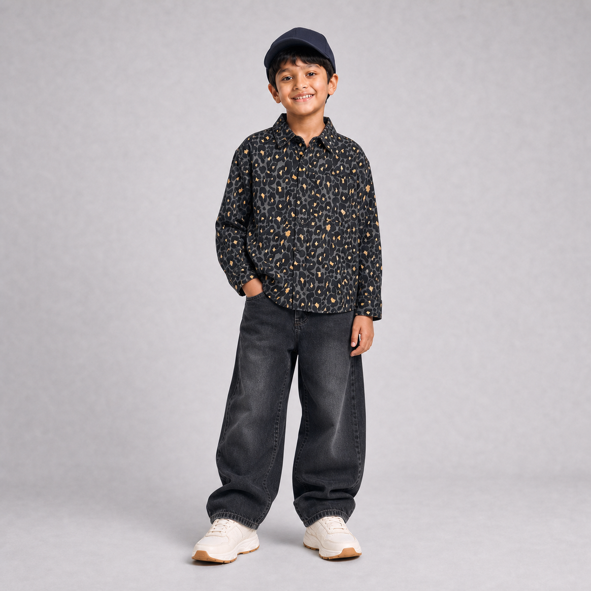 Navy gold leopard shirt complete Gen Z outfit for boys
