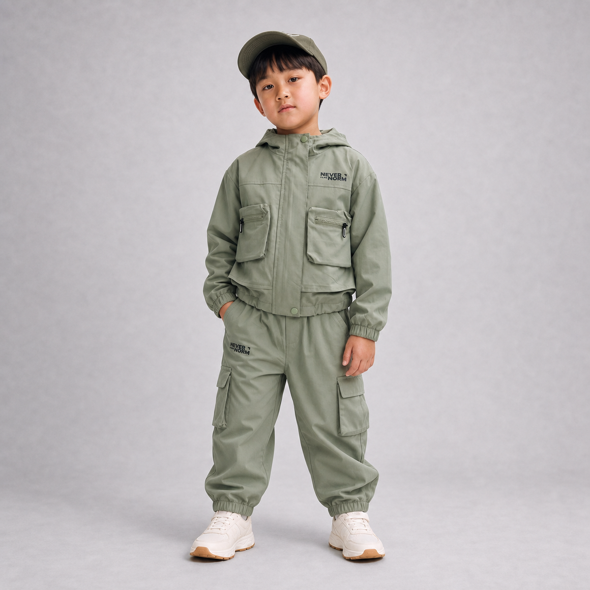 Olive windbreaker cargo set complete Gen Z outfit for boys