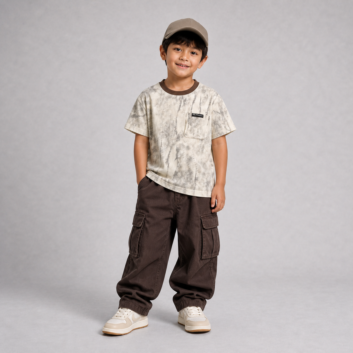 White marble tie dye tee complete Gen Z outfit for boys