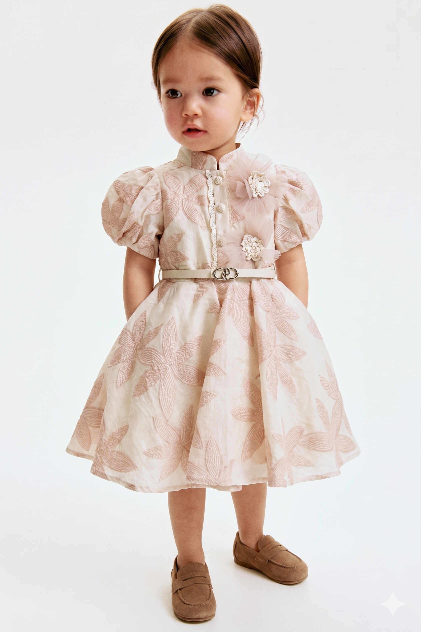 Pink Floral Jacquard Puff Sleeve Party Dress with Belt
