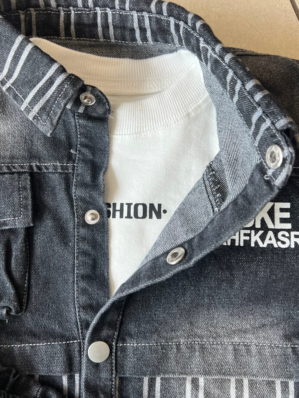 Black Denim Jacket and Graphic Tee and Pants 3-Piece Set, Kids Ages 3-8, close-up, aataa kidd