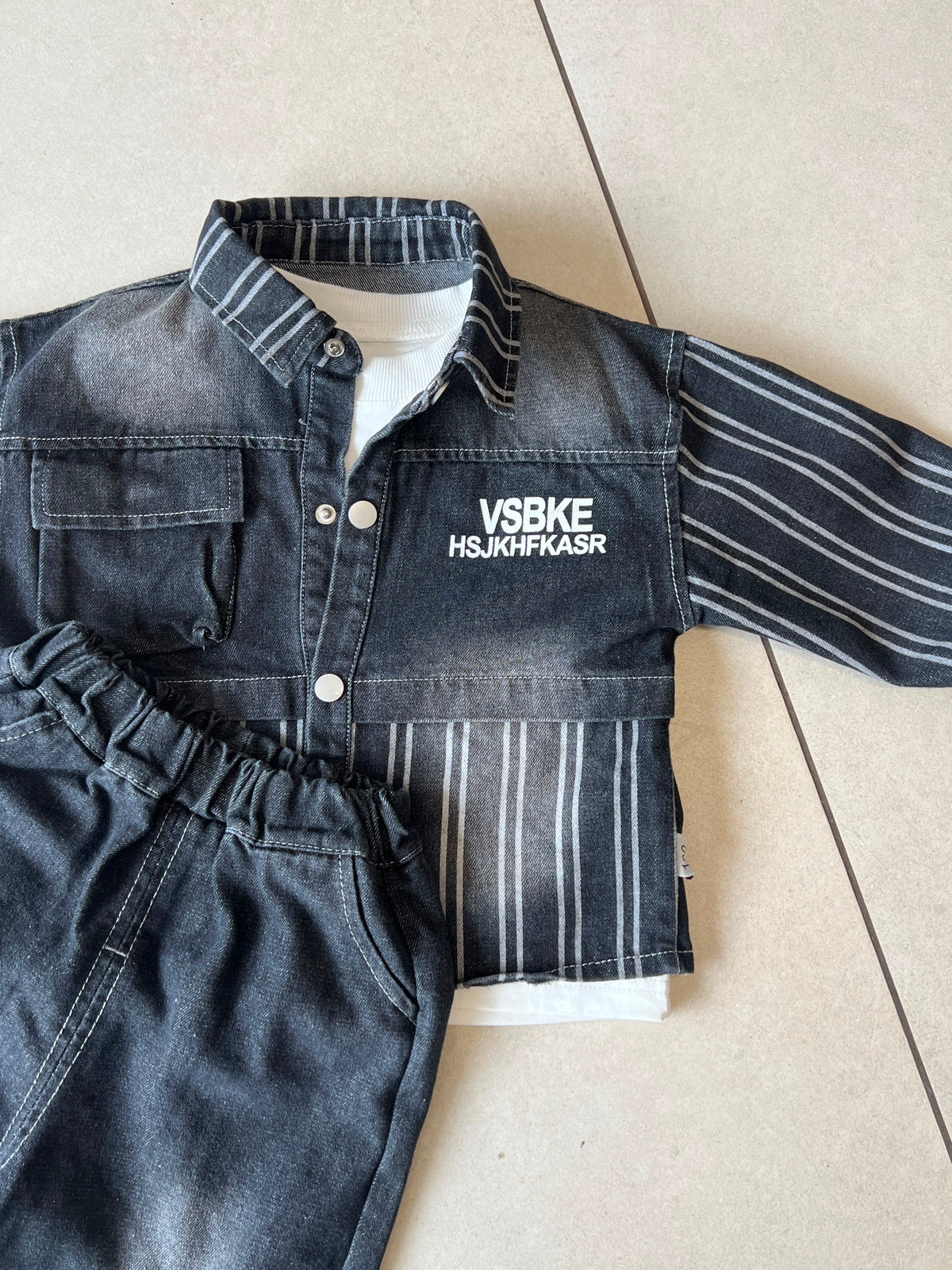 Black Denim Jacket and Graphic Tee and Pants 3-Piece Set, Kids Ages 3-8, lifestyle view, aataa kidd