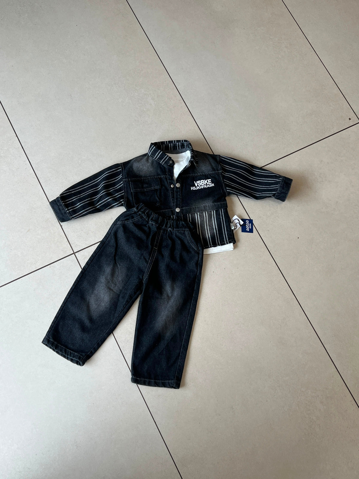 Black Denim Jacket and Graphic Tee and Pants 3-Piece Set, Kids Ages 3-8, back view, aataa kidd