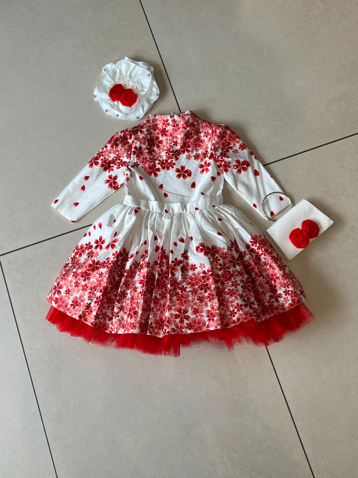 White and Red Cherry Blossom Satin Ball Gown, Frock, back view, aataa kidd