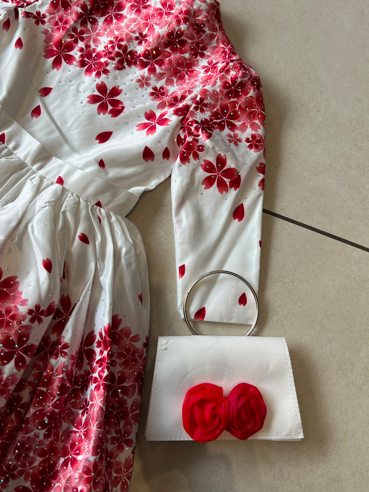 White and Red Cherry Blossom Satin Ball Gown, Frock, lifestyle view, aataa kidd