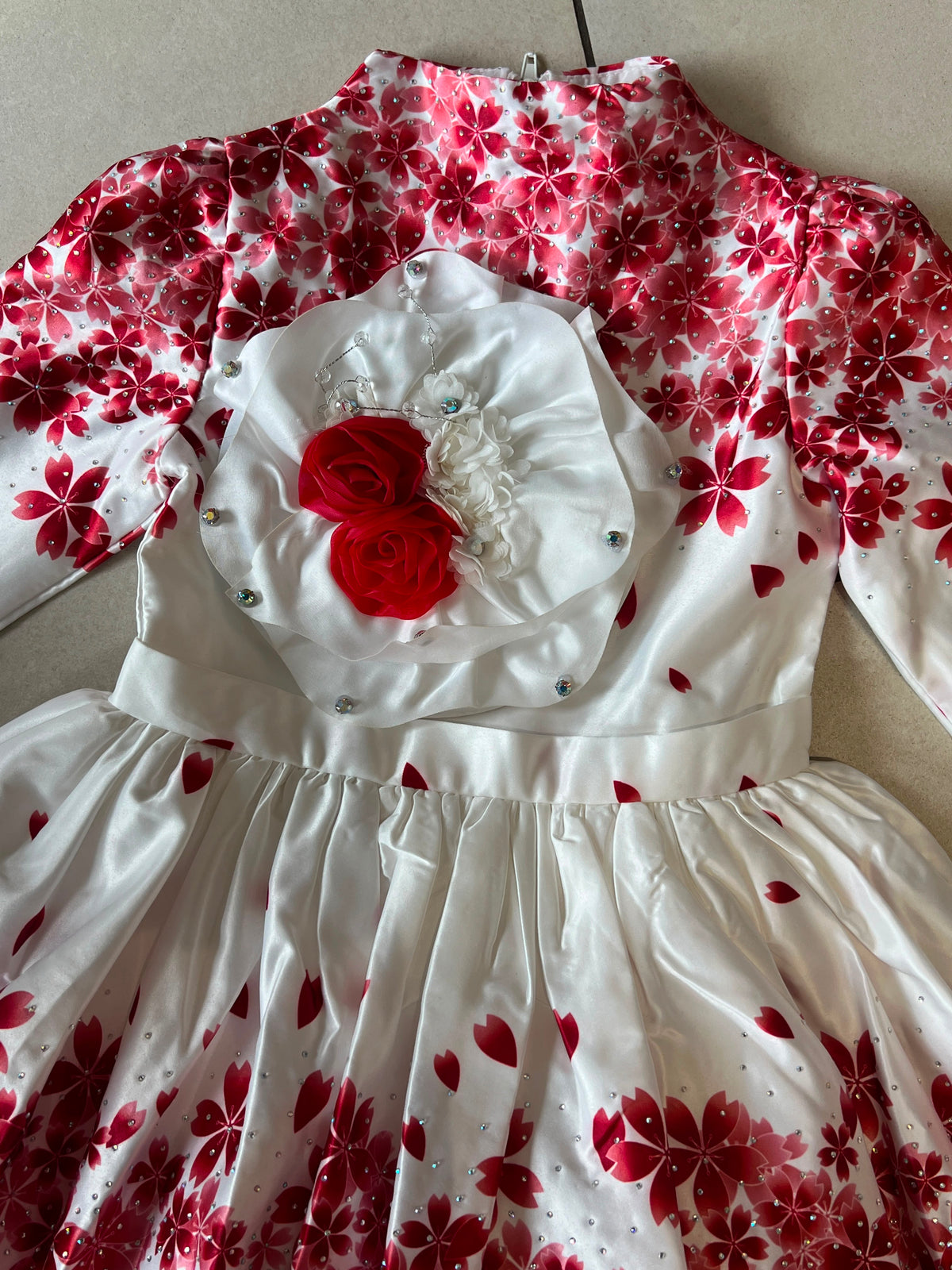 White and Red Cherry Blossom Satin Ball Gown, Frock, close-up, aataa kidd
