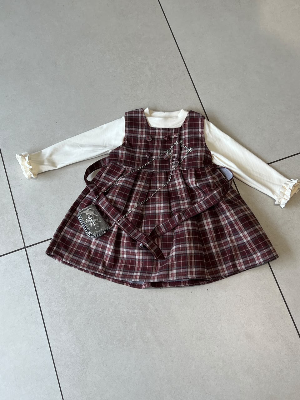 Burgundy Tartan Pinafore and Turtleneck and Chain Bag Girls Set, Ages 2-5, lifestyle view, aataa kidd