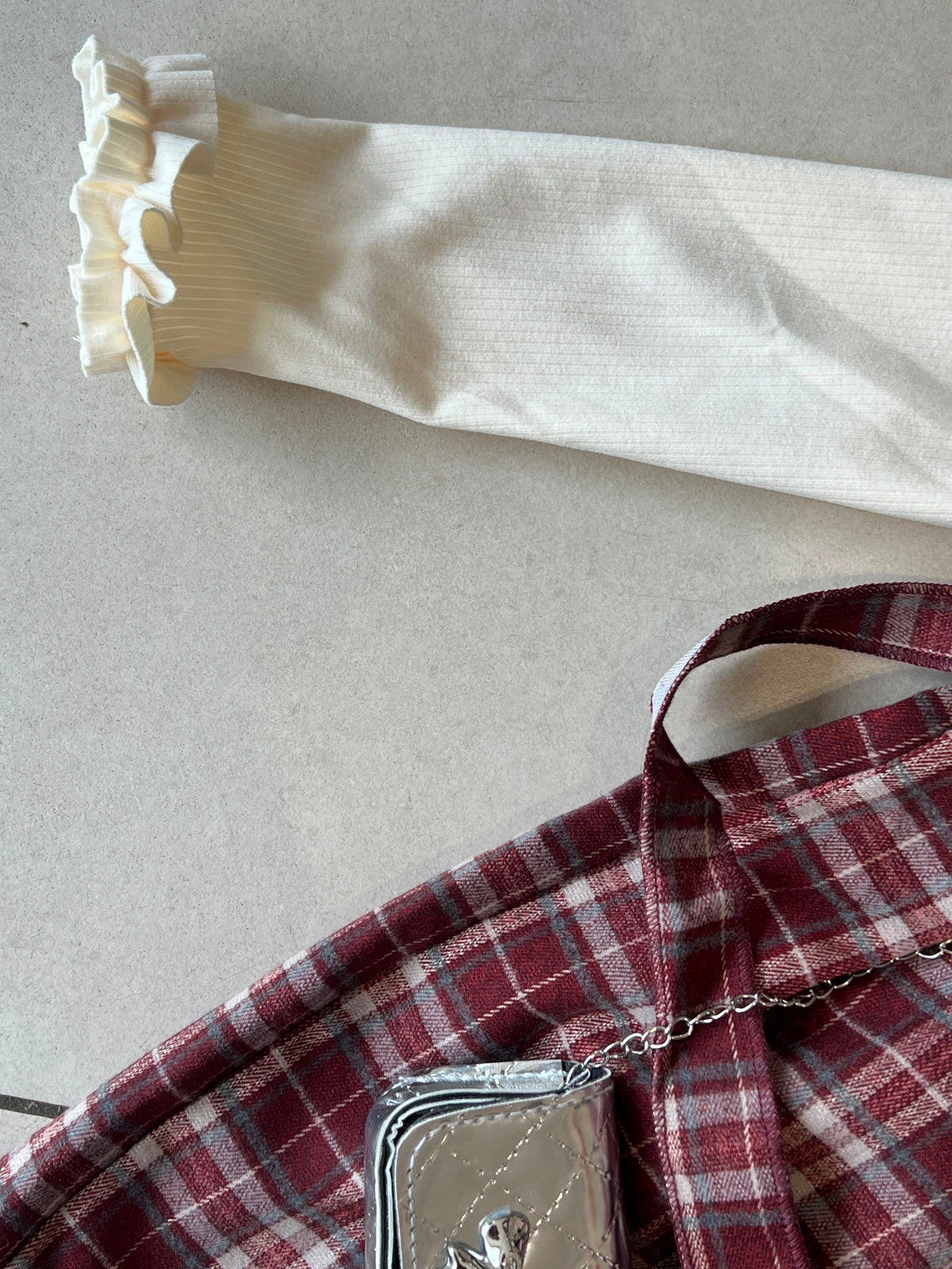 Burgundy Tartan Pinafore and Turtleneck and Chain Bag Girls Set, Ages 2-5, back view, aataa kidd