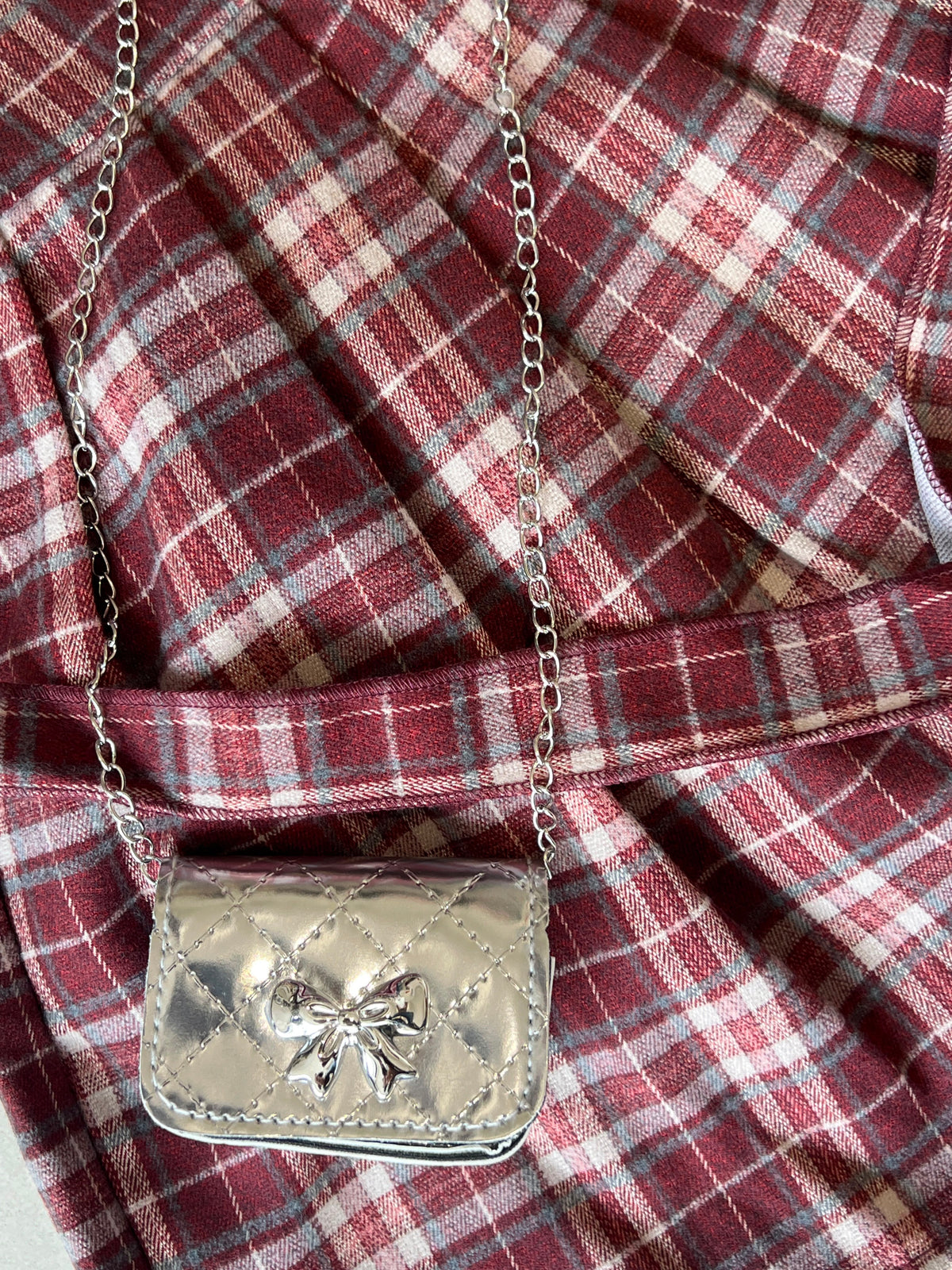 Burgundy Tartan Pinafore and Turtleneck and Chain Bag Girls Set, Ages 2-5, close-up, aataa kidd
