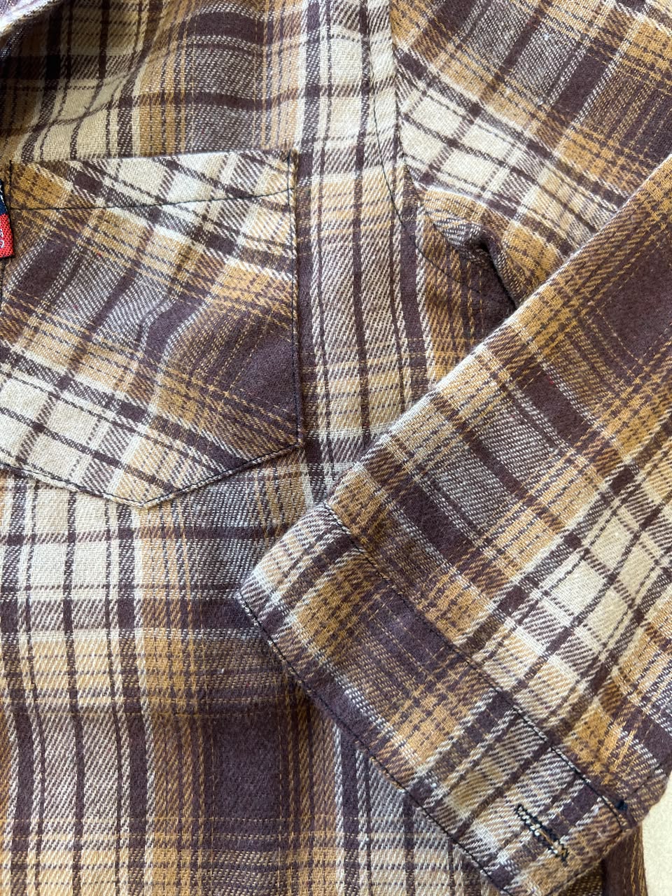 Brown Tartan Flannel Long Sleeve Shirt for Kids, Ages 3-8, close-up, aataa kidd