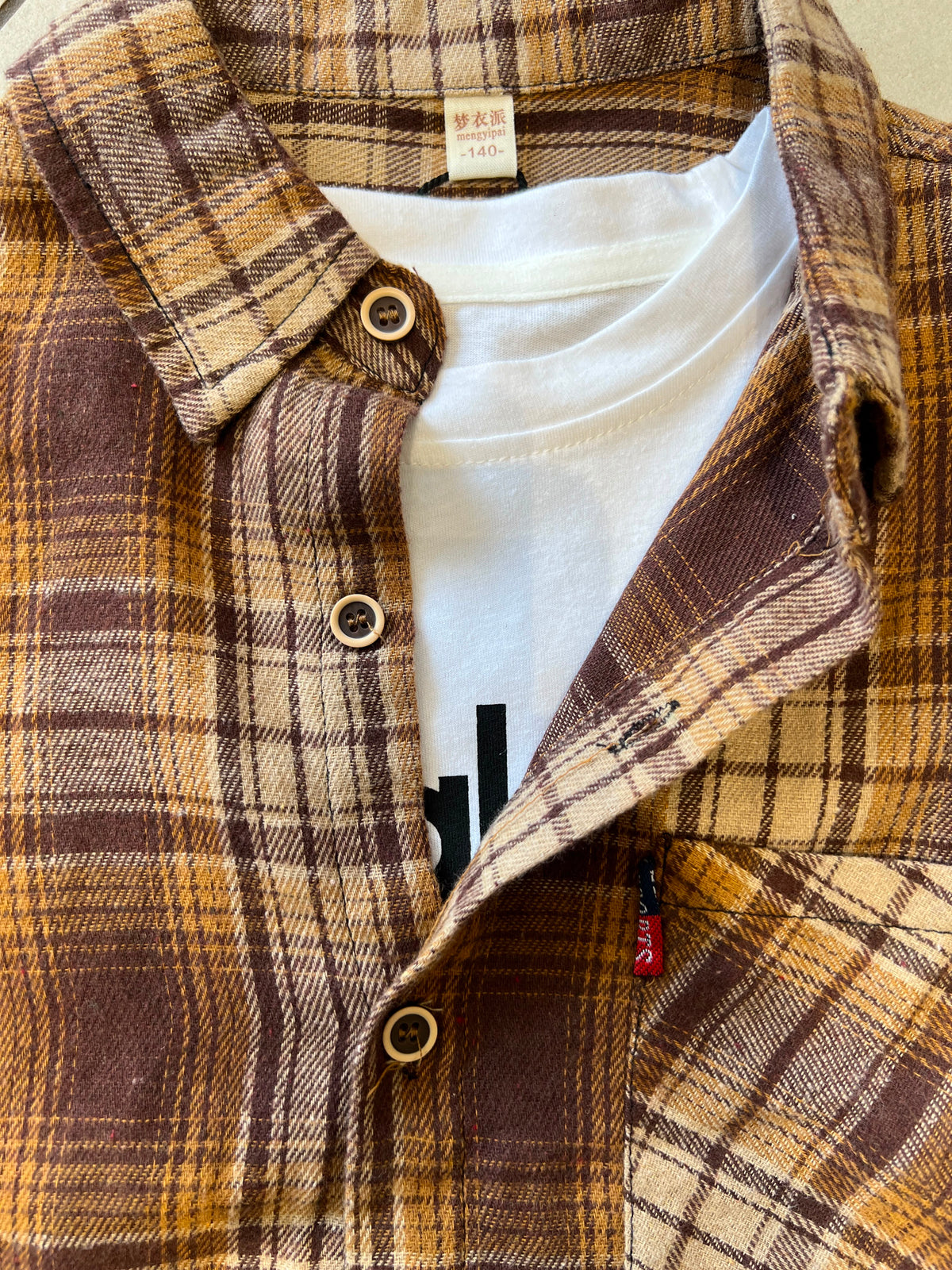 Brown Tartan Flannel Long Sleeve Shirt for Kids, Ages 3-8, lifestyle view, aataa kidd