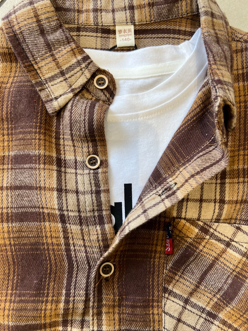 Brown Tartan Flannel Long Sleeve Shirt for Kids, Ages 3-8, close-up, aataa kidd