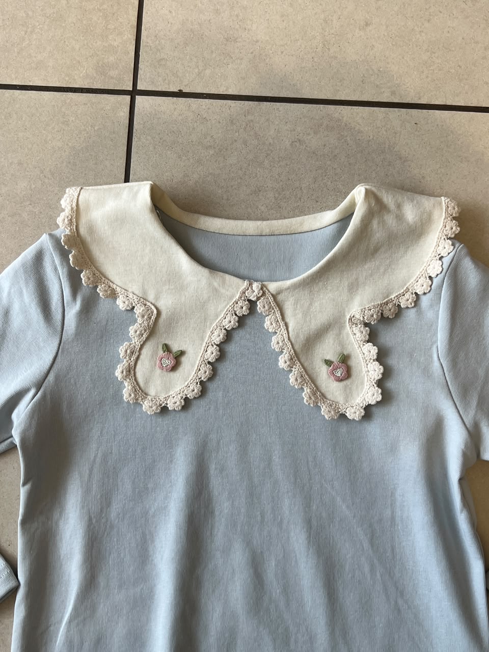 Baby Blue Lace Peter Pan Collar Long Sleeve Top for Girls, Ages 2-6, back view, aataa kidd