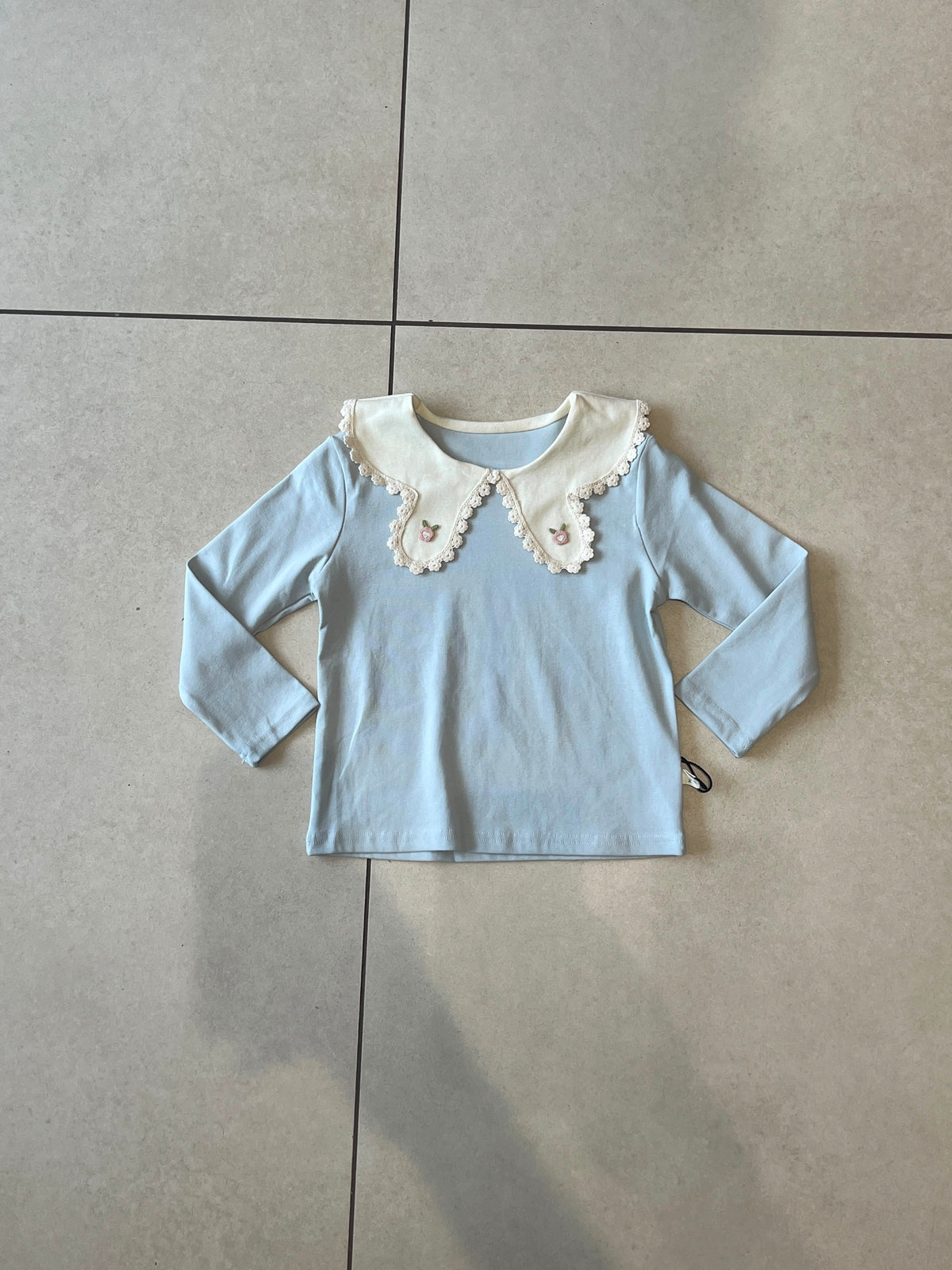 Baby Blue Lace Peter Pan Collar Long Sleeve Top for Girls, Ages 2-6, close-up, aataa kidd
