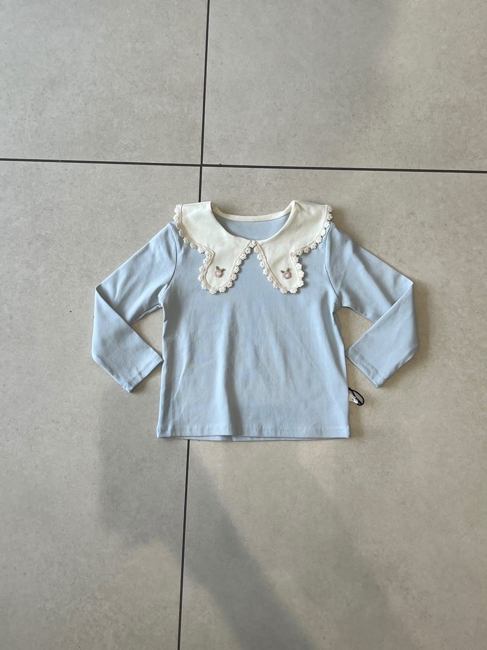Baby Blue Lace Peter Pan Collar Long Sleeve Top for Girls, Ages 2-6, lifestyle view, aataa kidd