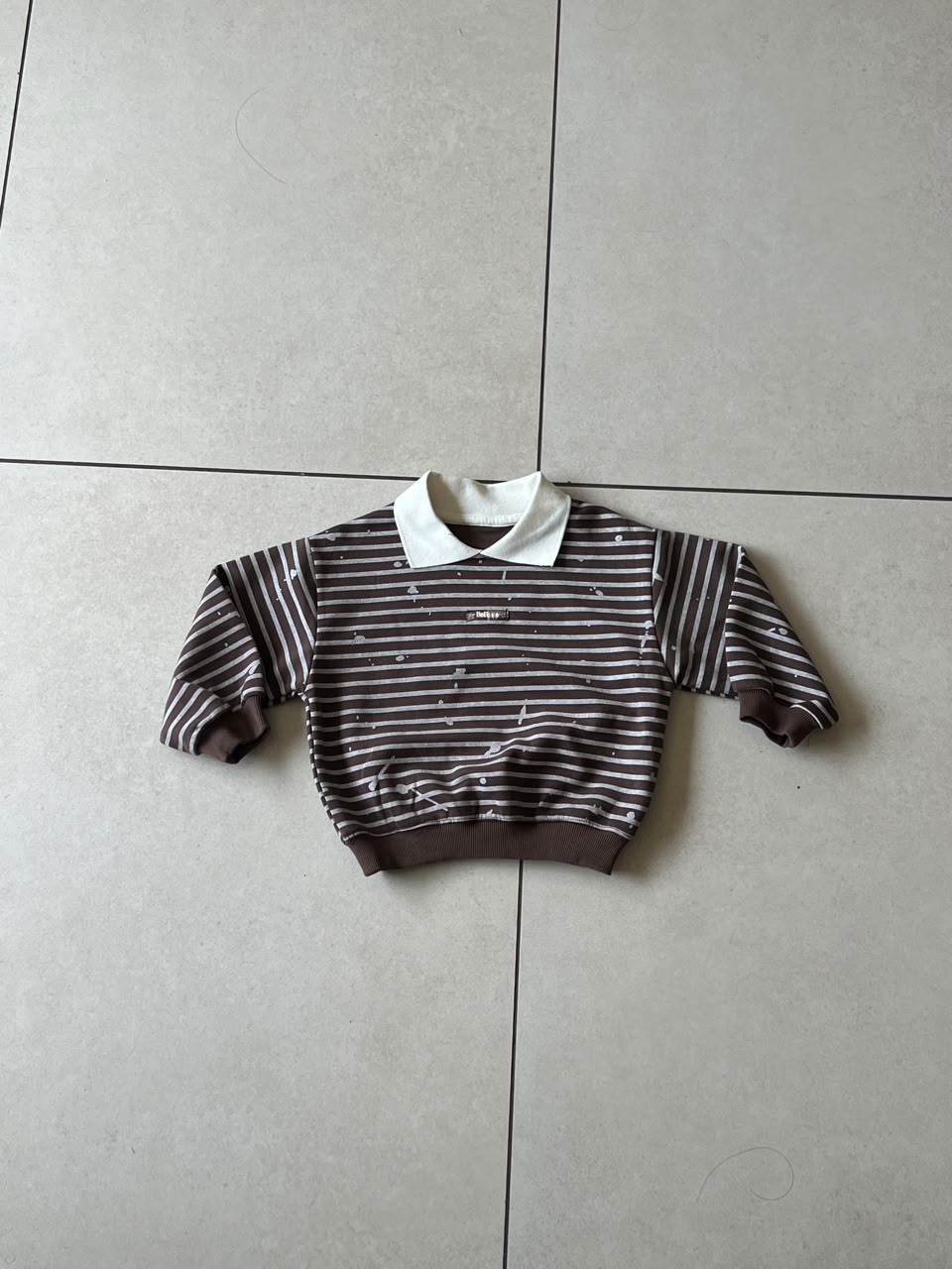 Brown Stripe Polo with Metallic Silver Paint-Splatter Print, Kids Ages 2-5, lifestyle view, aataa kidd