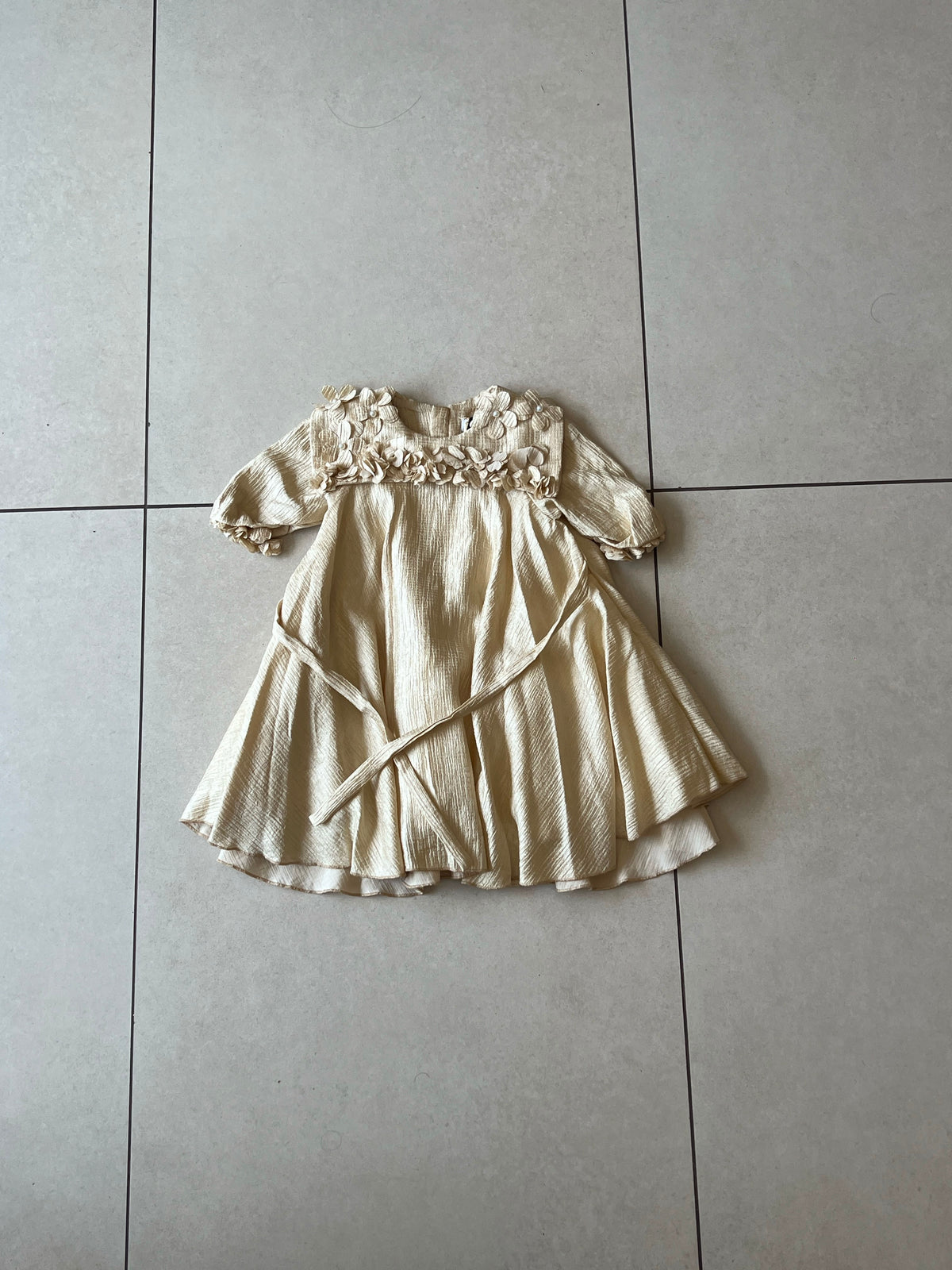 Ivory Gold Shimmer Dress with 3D Flower Appliques for Girls, Ages 2-3, back view, aataa kidd