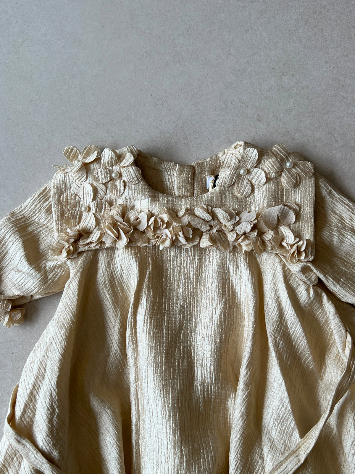 Ivory Gold Shimmer Dress with 3D Flower Appliques for Girls, Ages 2-3, lifestyle view, aataa kidd