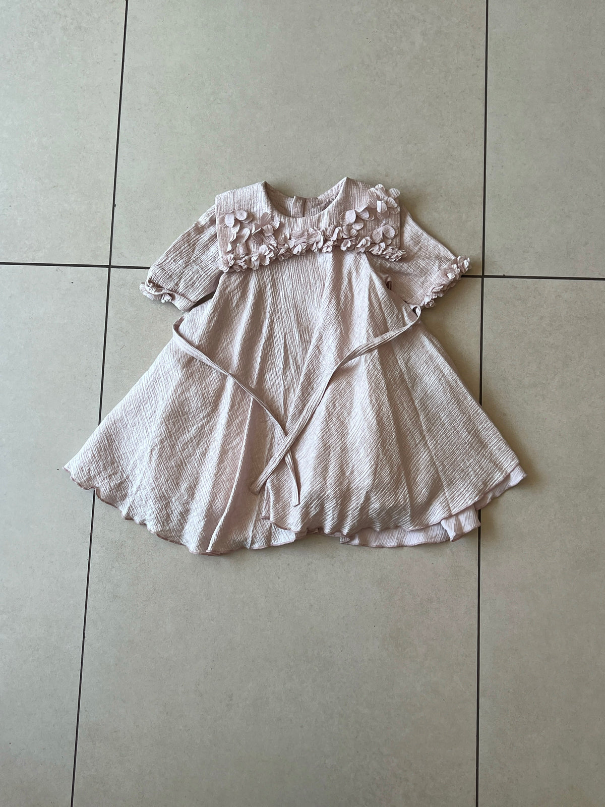 Blush Pink Shimmer Dress with 3D Flower Appliques for Girls, Ages 2-3, lifestyle view, aataa kidd