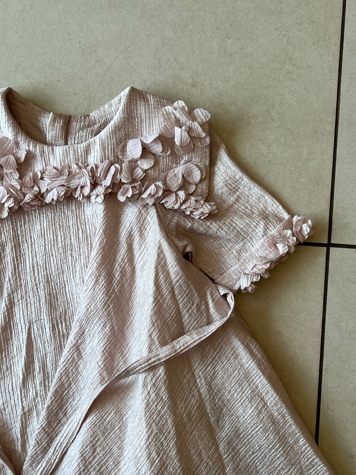 Blush Pink Shimmer Dress with 3D Flower Appliques for Girls, Ages 2-3, close-up, aataa kidd